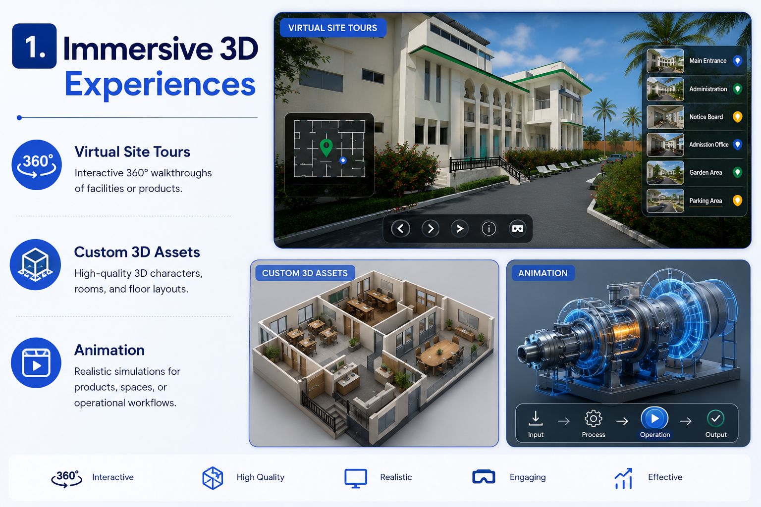 Immersive 3D experiences — virtual site tours, custom assets, animation